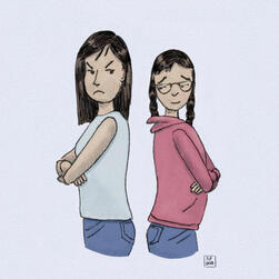 Alice and Veronica from the Monsters of Tebillie Comic. They have there backs to each other and there arms folded.