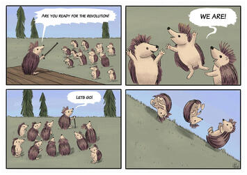 A funny pun about revolution involving hedgehogs rolling down a hill