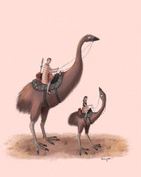 A father and daughter are riding some moas. The daughter rides a smaller moa and its looking up at the larger one.