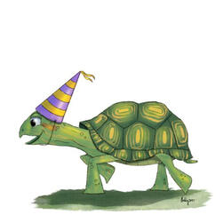 A turtle with a party hat on runs along excited to get to the party