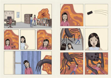 The first two pages of the Monsters of Tebillie Comic. Alice and Veronica are arguing over a phone and don't realise there is a portal with a monster. The monster grabs Veronica.