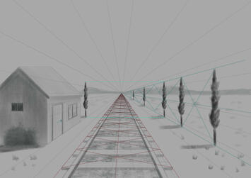 A railway track, house and trees in one point perspective